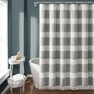Lush Decor Tucker Stripe Yarn Dyed Knotted Tassel Shower Curtain Eco-Friendly Recycled Cotton Boho Farmhouse Decor