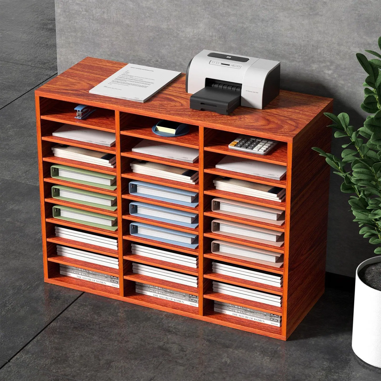 【Backtoschool】VEVOR Wood Literature Organizer File Sorter Paper Storage Holder with 27 Slots - Brown