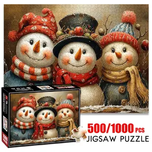 1pc 1000 piece adult puzzle 70x50cm Adorable Snowman Trio Decorations500 pieces of paper jigsaw puzzle, suitable for adults and families, large-scale DIY puzzle interactive toy games, birthday holida