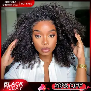 SIMIDOLA Kinky Curly Burmese Curly Glueless 3 In 1 Half Wig 180% Density Upgrade With Drawstring Cap Invisible Hairline Human Hair Afro Curly Wigs Beginner Friendly