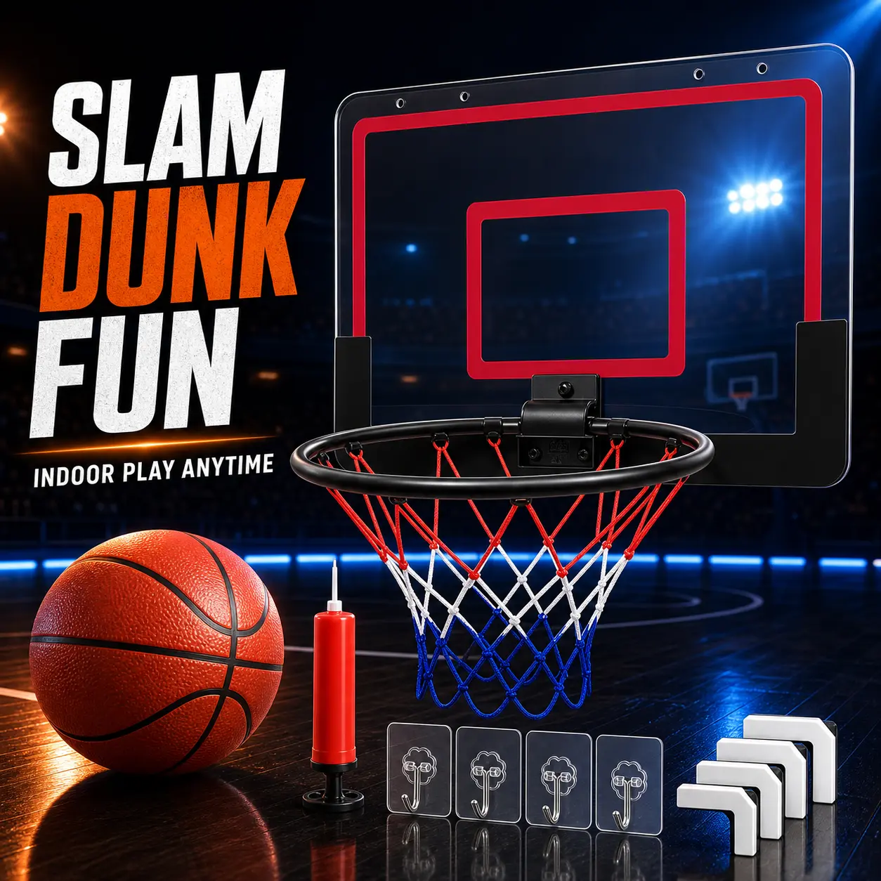 Foldable Wall-Mount Indoor Basketball Hoop Set - Includes Mini Ball, Pump, Net, Installation Hardware - Compact Backboard Goal for Teens & Adults - Fun Sports Toy for Bedroom & Family Gift