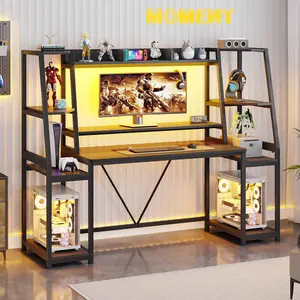 SEDETA 65.7-inch Gaming Table with LED Lights Bracket and Storage Shelf Computer Table with Monitor Stand, Ergonomic Gaming Table Furniture Organizer