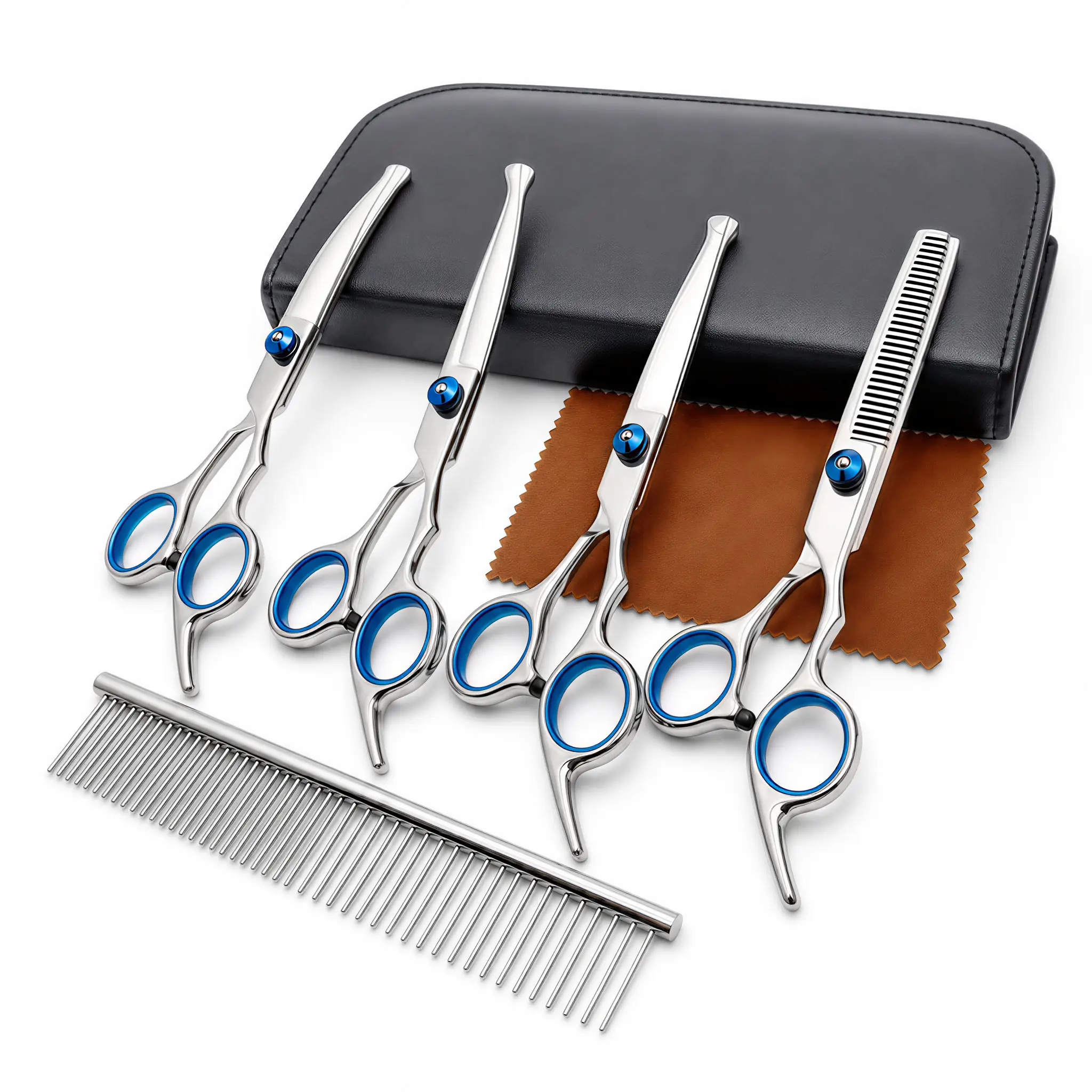 Professional 6-in-1 Pet Grooming Scissors Multi Pack, Right Handed, Ergonomically Designed for Home Use Beauty/Hair Care, Sharp & Durable Safety Round Shears with Comb for Dogs & Cats