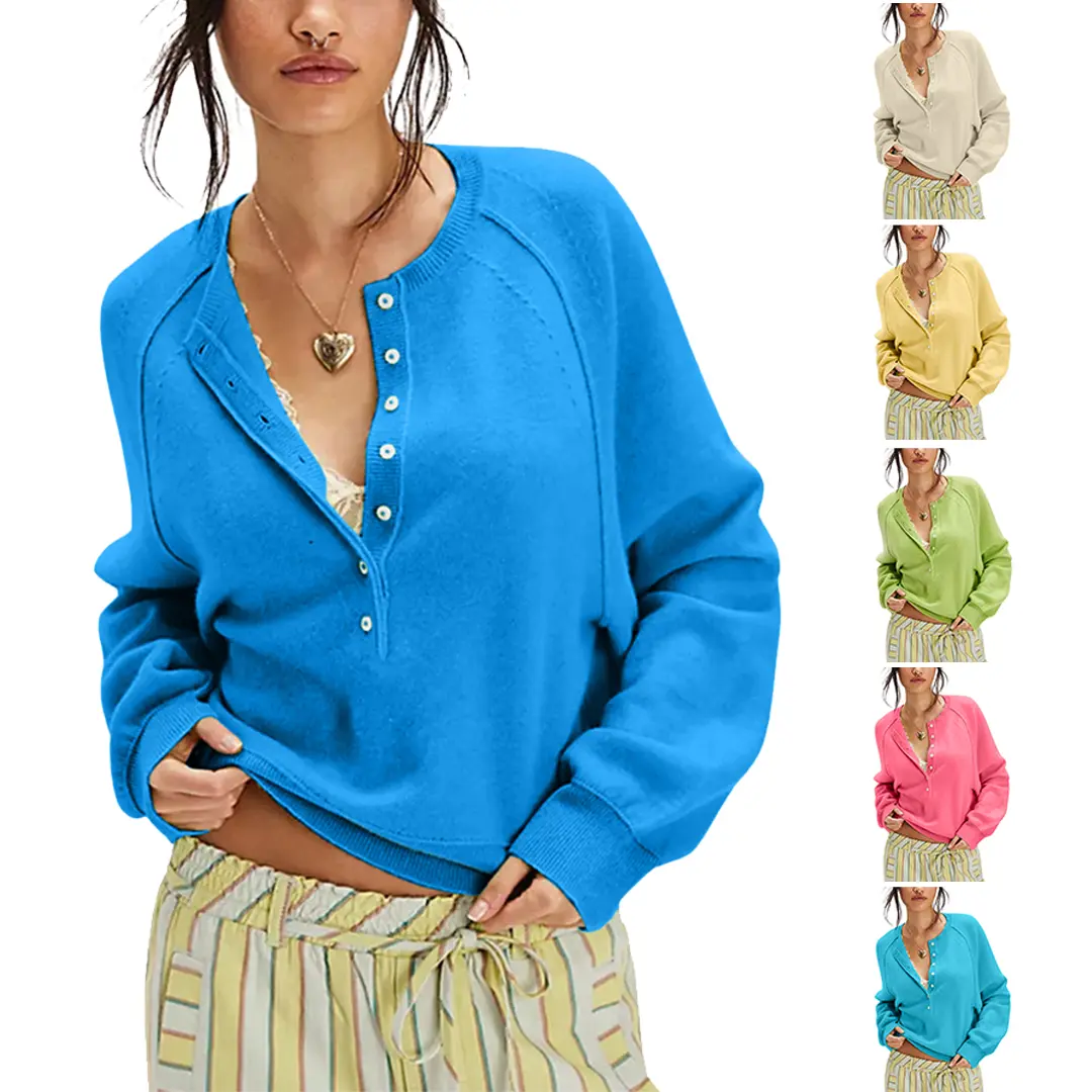 Buenoble Women Loose Button Front Knit Pullover Henley Neck Long Sleeve Knitwear Solid Cropped Sweater