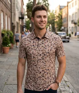 Camo Men's Brown Retro Camo Golf Polo Shirt Print Polo Golf Shirts, Wicking Stretch Performance Fabric, Masters Golf Tournament