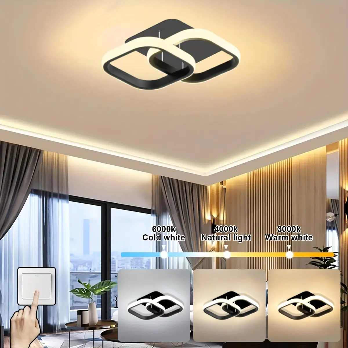 Square Iron LED Ceiling Light, Adjustable Color Temperature 3000-6000k, Metal Pendant Lamp with Shade, Hard Wired 110-240v, Modern Mood Lighting, Indoor Lighting, Ceiling Led Lights