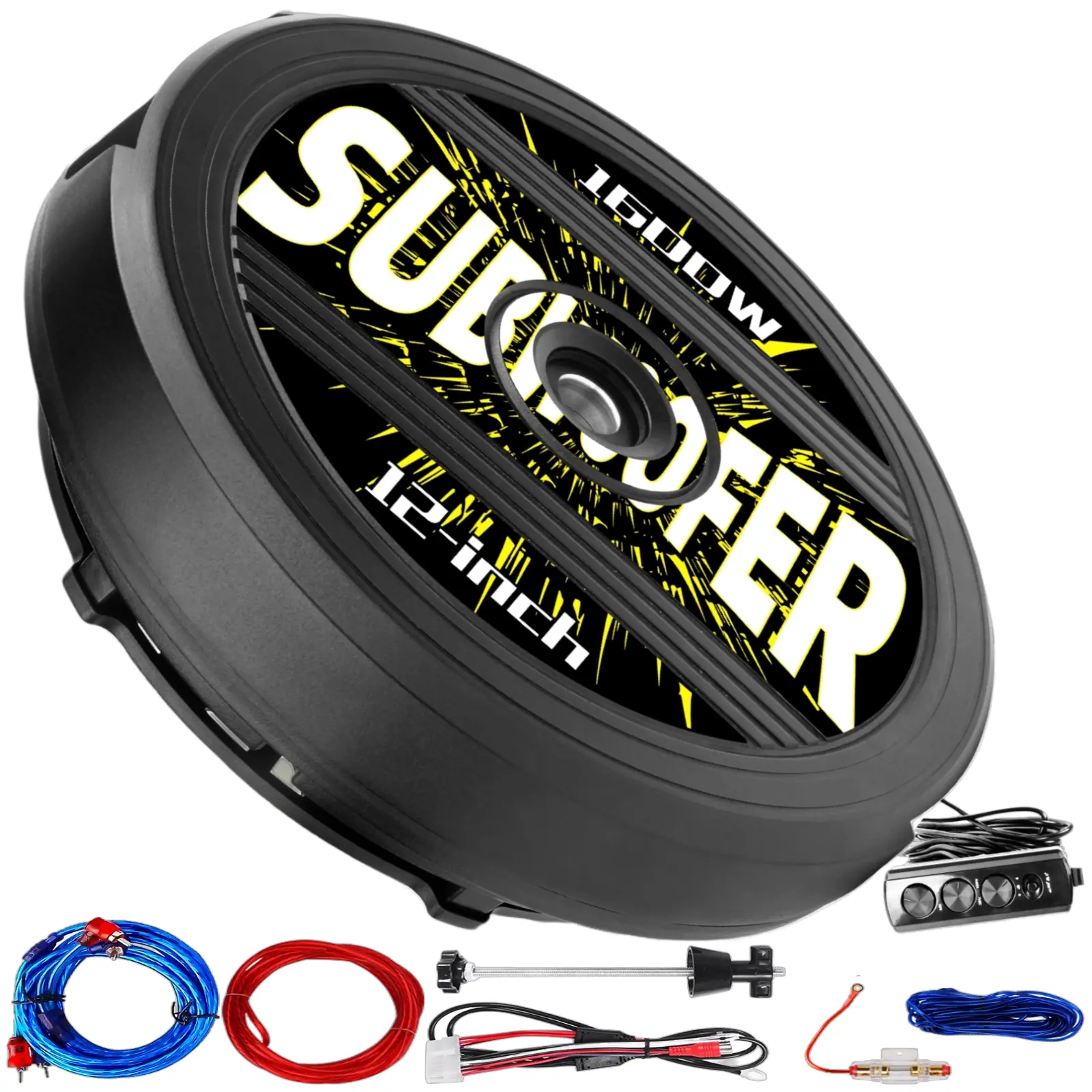 WDIYA 12-in Car Subwoofers Full Set - 1600W Built-in Amplifier, Slim Rear Underseat Trunk Bass Speaker for Trucks, SUVs, Car Audio Equipment travelessentials