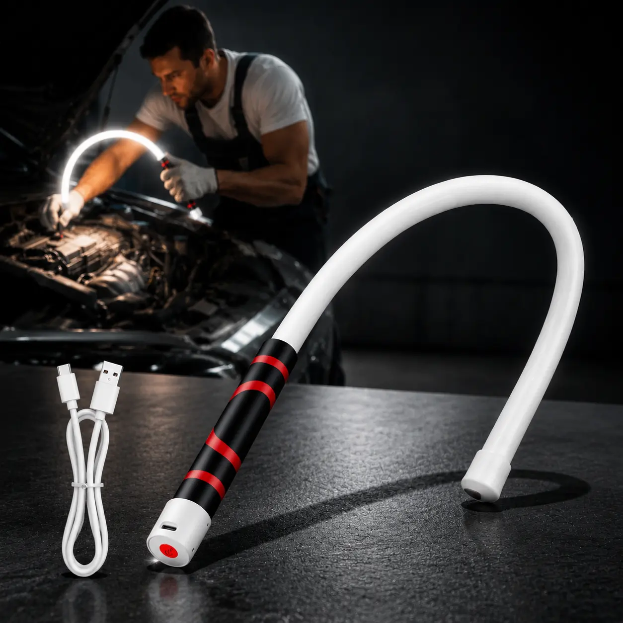 30 Inch Rechargeable Flexible Led Work Light Stick, Freely Bendable Design With 7 Hour Battery Runtime And 800lm Bright Output, Compatible With Brackets And Pipelines, Portable Lighting Tool For Car, Garage And Household Daily Use