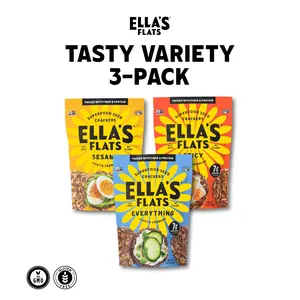 Ella's Flats  Tasty Variety 3-Pack | Sesame |  Everything | Spicy | 4.8oz | Light & Crispy Sesame Seed Crackers Snack Fiber