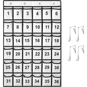 36 Pockets Numbered Classroom Pocket Chart for Cell Phones, Hanging Pocket Chart Storage for Classroom Phone Calculator Holder with 4 Stainless Steel Hooks (White-36pockets)