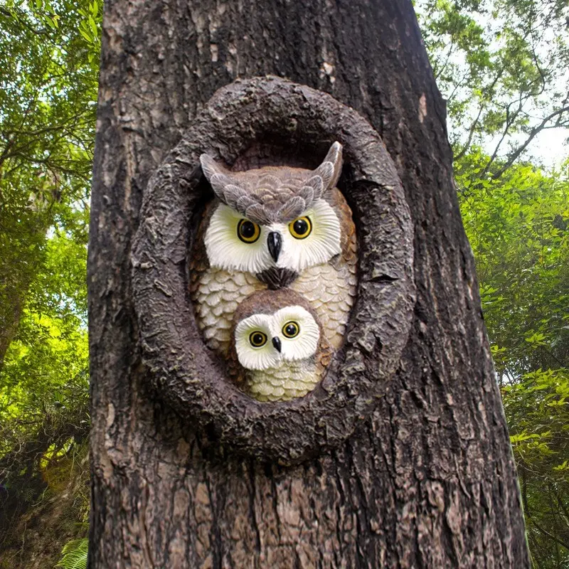 Owl Tree Huggers - Curious Tree Carving Garden Statue - Outdoor Tree Decorative Item - Tree Facial Decorative Item - Garden Spy Courtyard Art Decoration Garden Sculpture - Garden Ornament - Resin Figurine Statue (A pair of owls and a kitten)
