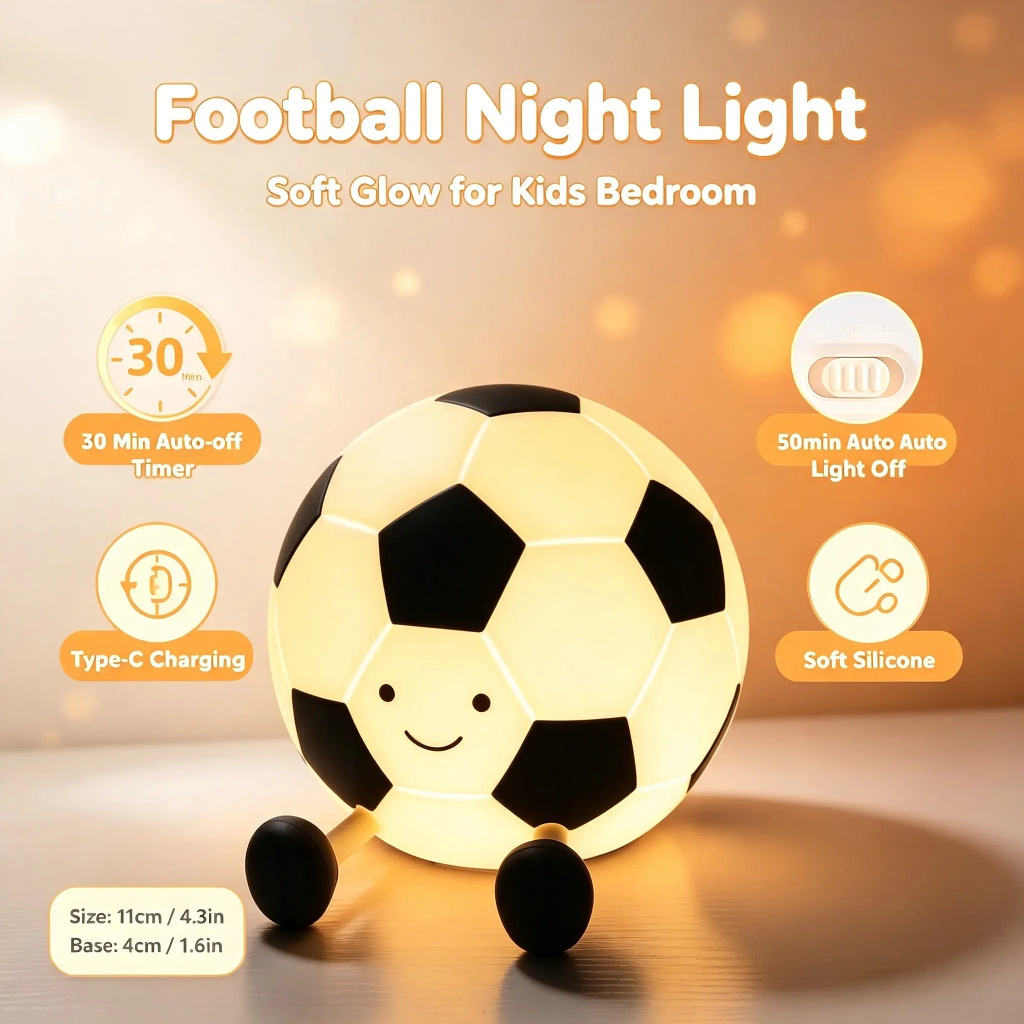 Football Night Light, 7-Color Changing Soft Glow Lamp, USB Rechargeable, Timer Function, Soft Silicone Material, Tap-to-Change Color