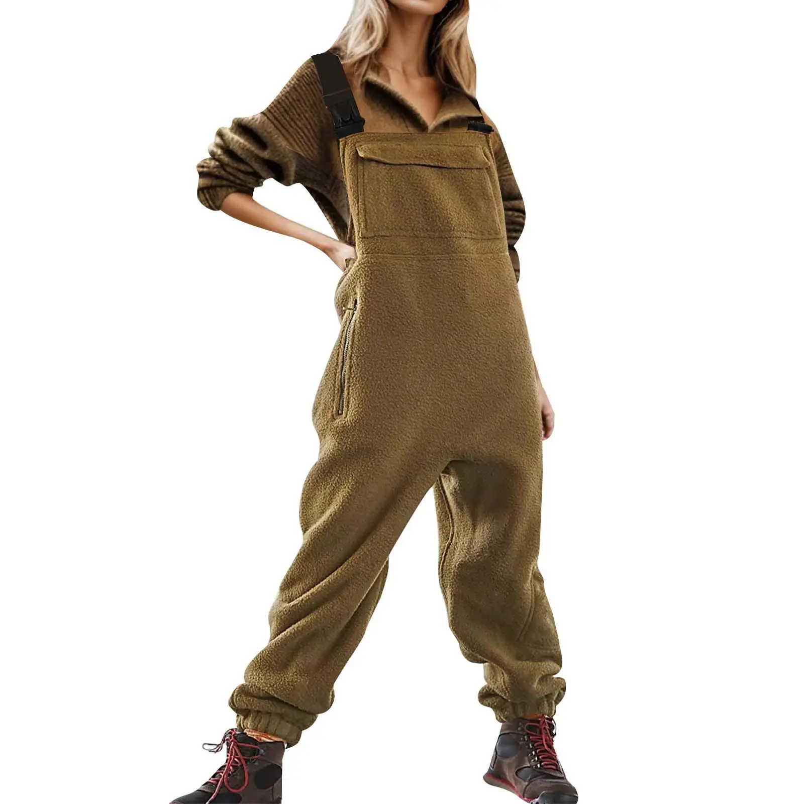 Womens Fleece Overalls One-Piece Bibs Jumpsuits Adjustable Suspender Straps Warm Winter Fuzzy Ski Pants