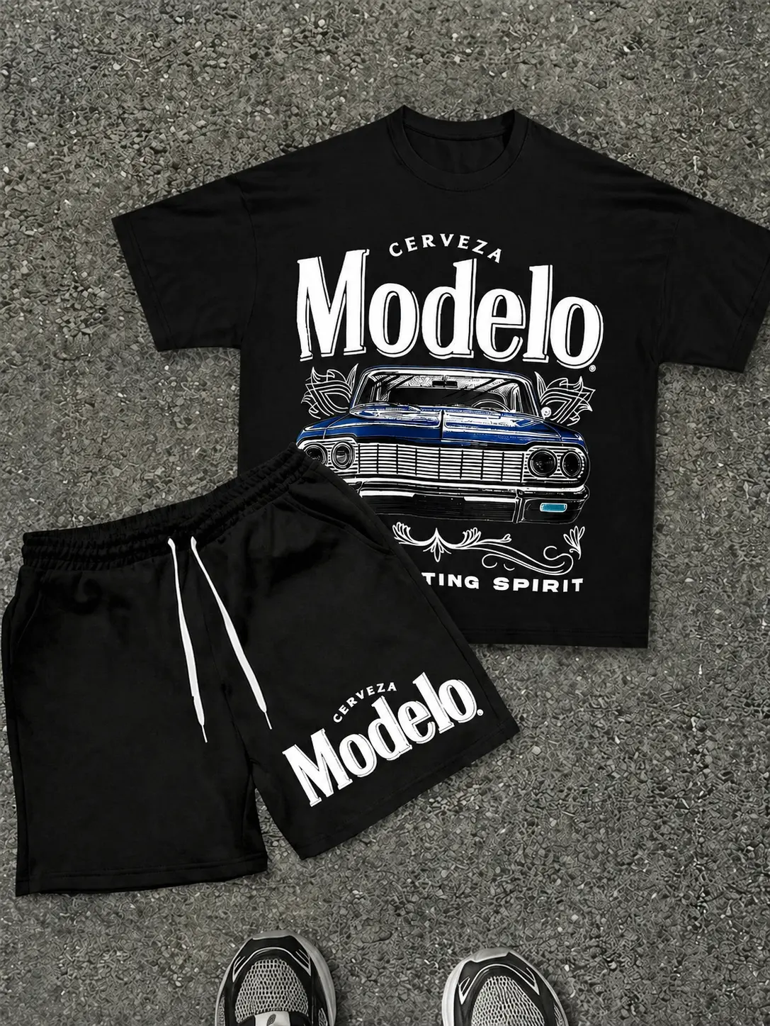 Men's 2-Piece Loose-Fitting Retro Street Style Tracksuit - Heavyweight Breathable Cotton Clothes, Round Neck Graphic Tee & Drawstring Shorts, Summer Casual Retro Menswear, Fashion Apparel Set, Aesthetic
