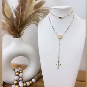 18k Tri-Color Gold Plated San Benito Rosary Necklace, Fine Jewelry Accessory