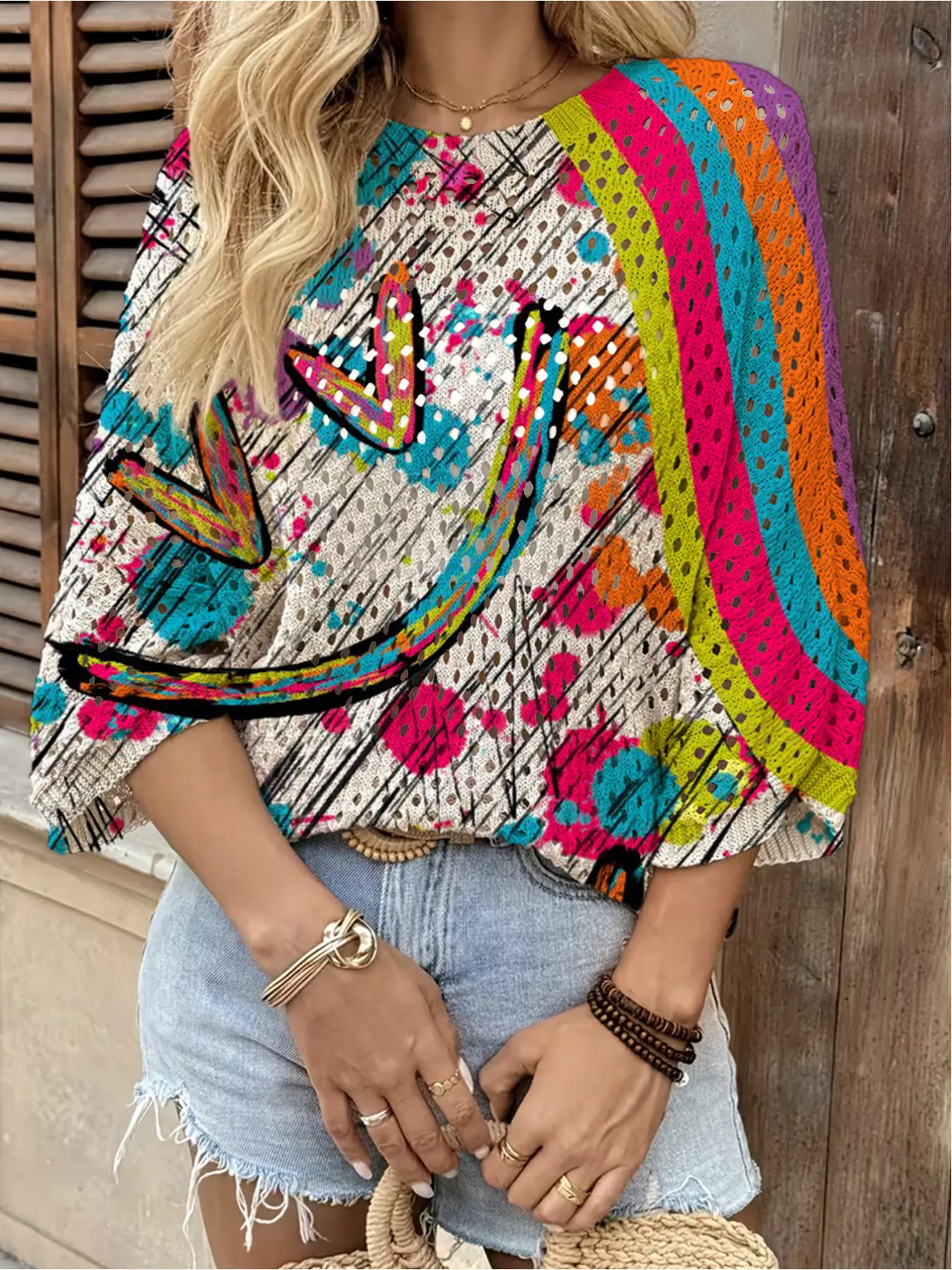 Spring and summer, round neck hollow-out loose short batwing sleeve blouse, collision color rainbow stitching print ladies knit blouse, holiday style, Casual, commuting, women's vest blouse, Tops, Casual Boho Blouses