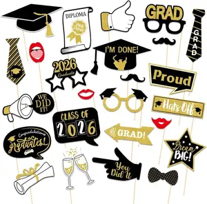 25Pcs Graduation Photo Booth Props Class of 2026 Grad Photo Props Black and Gold Graduation Decorations for Grad Party Favors Supplies ZitTRo