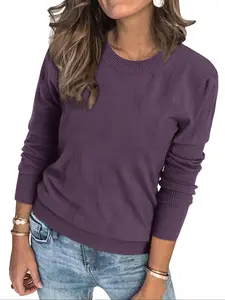 Women's Long Sleeve Fine Line Knitwear Fabric Soft Knitting Essential Sweater Womenswear Round Neck Shoulder Loose Fit Casual Autumn and Winter Knitted Pullover Top