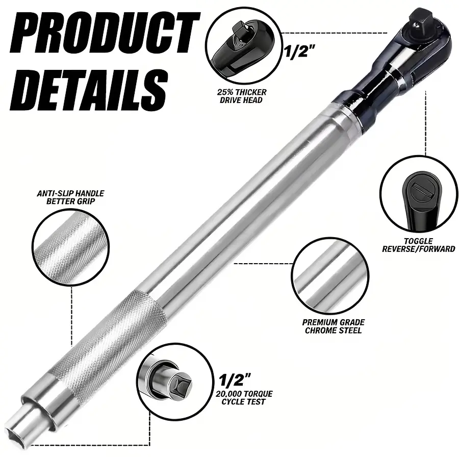 Ratchet Wrench, High Torque, for Car Repair, 1/2 Inch Manual/Automatic Combination Ratchet Extension Tool - Multi-Functional Extension Wrench, Mechanical Repair, Sturdy Construction, Precision Engineering, Home Garage. Ratchet Wrench, Home Garage