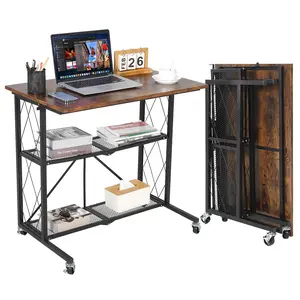Foldable office desk with wheels -3-layer large capacity metal wire rack, no assembly workstation, multi room use, 31.5 inches