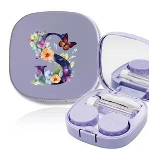 Contact Lens Case with Mirror, 1 Count Flower & Letter Pattern Contact Lens Case, Small and Easy To Carry Contact Lens Protect Care Box, Lens Storage
