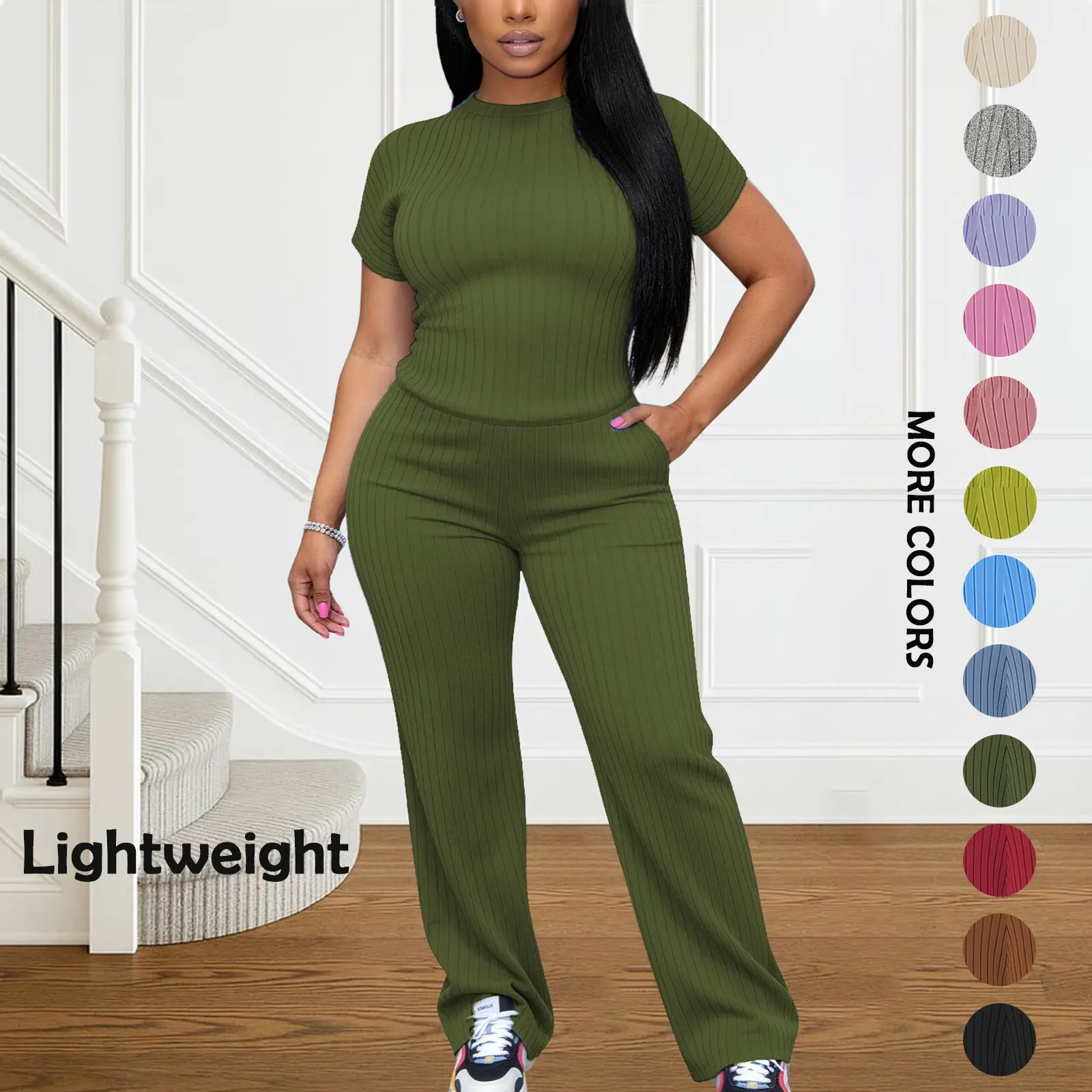 Women's All-Season Ribbed Knit Set - Thin Lightweight Fabric, Crew Neck Short Sleeve Tee & Wide Leg Pants with Pockets, Comfy for Loungewear, WFH & Weekend Casual Womenswear Clothes Suits Basic