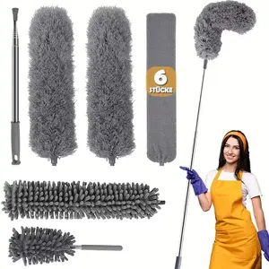 Extra-Long 111" Retractable Microfiber Duster with Stainless Steel Extension Pole - Ideal for High Ceiling Fans & Car Cleaning, Gray, Dusters for Cleaning