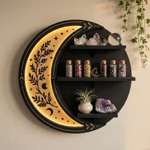 FNYDOX Wall Shelves for Bedroom, Crescent Moon Shelf with LED Light, Witchy Whimsical Celestial Room Decor Aesthetic, Whimsy Moon Phase Shelf for Trinket Knick Knack Crystal Rock Gem Healing Stone Essential Oil