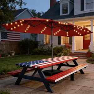 【Oversized】13ft-15ft Solar light Double Sided Umbrellas Solar Lights Outdoor Extra Large Market Table Umbrella with Base Included, Oversized Umbrella for Deck, Pool, Backyard Offset Parasol Offset Patio Parasol Sunshade Canopy