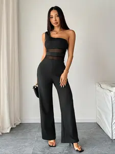 Elegant Solid Color One Shoulder Elastic Waist Jumpsuit for Women, Mesh Splice Design, High Stretch, Breathable Fabric, All Season Versatile, Suitable for Casual and Formal Evening