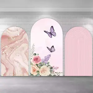 Girls Groovy Birthday Party Arch Covers Stretchy Backdrop, Pink Marble Flower Butterfly Stripes Design, Perfect for Girls Baby Shower Birthday Party Photo Backdrop