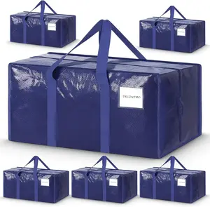 Set of 6 extra-heavy-duty moving bags with strong zippers and comfortable handles — durable large storage bags for clothing and dorm use (Dark Blue)