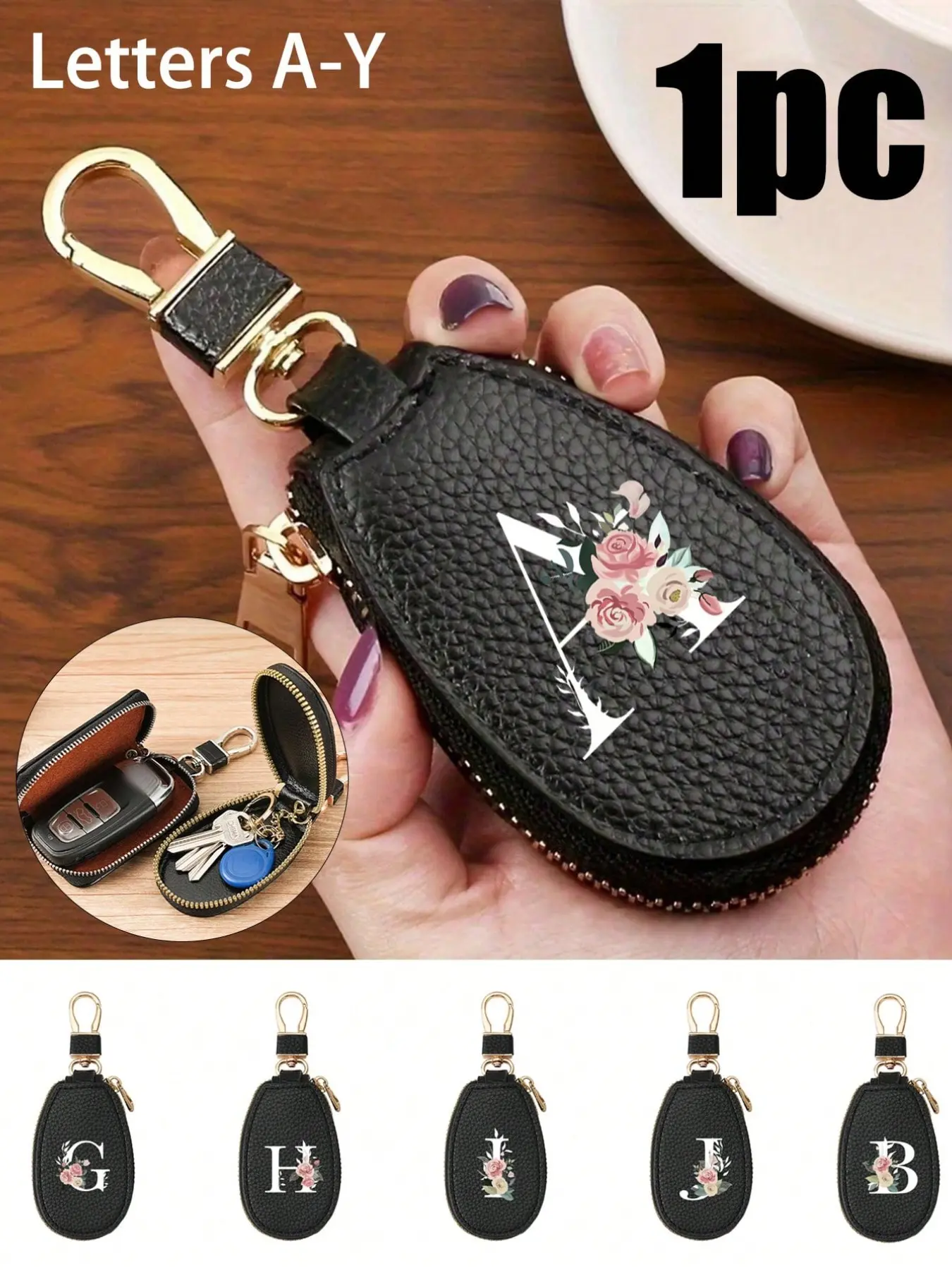 Unisex key pouch, Car key accessory, Car Key Holder, large-capacity multifunctional keychain storage bag, simple and compact, suitable for home and car use, with initials pattern, with floral design