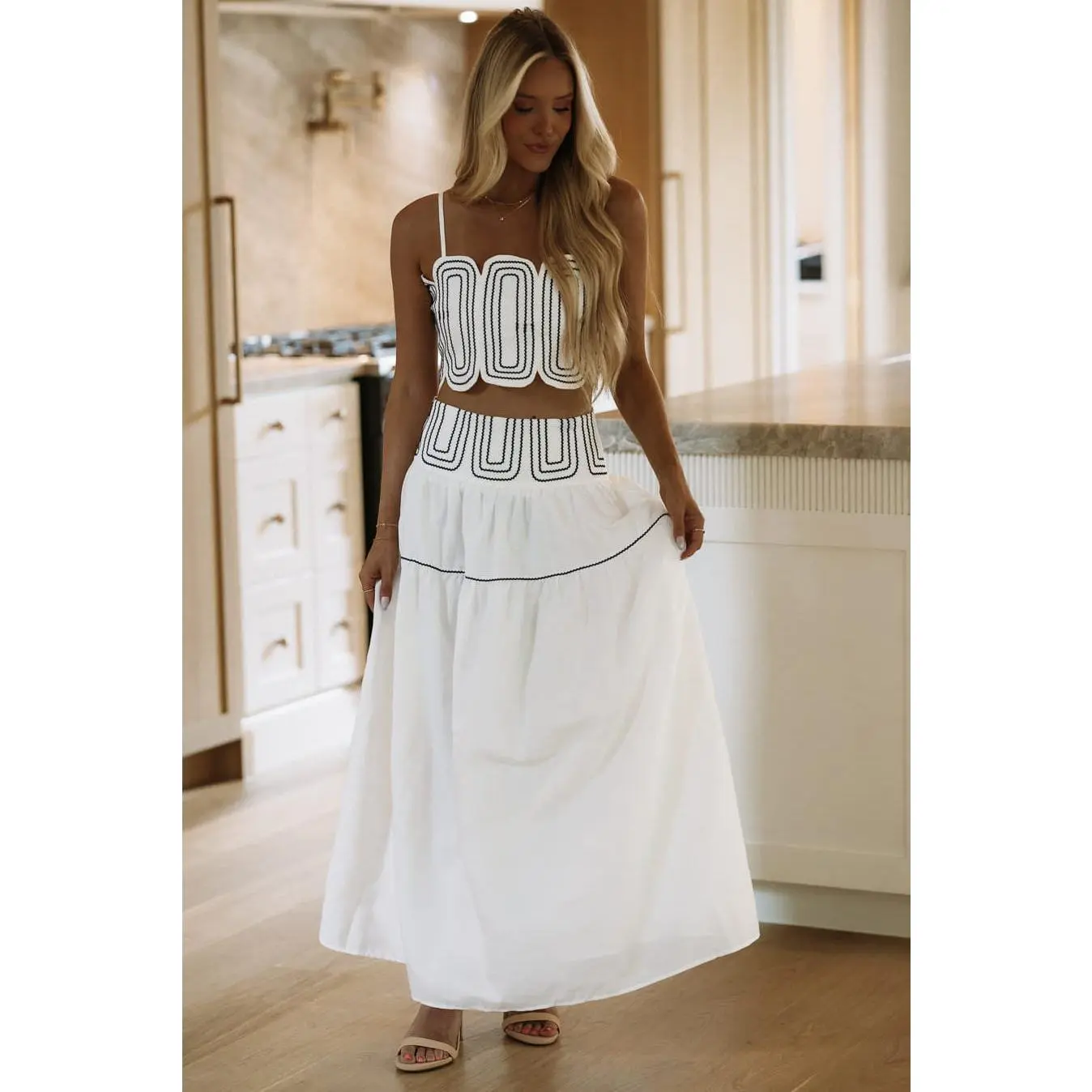 Marina Muse Crop Top and Maxi Skirt Set - White and Navy
