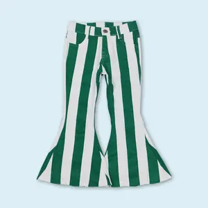 Green white stripe denim bell bottoms kids girls jeans