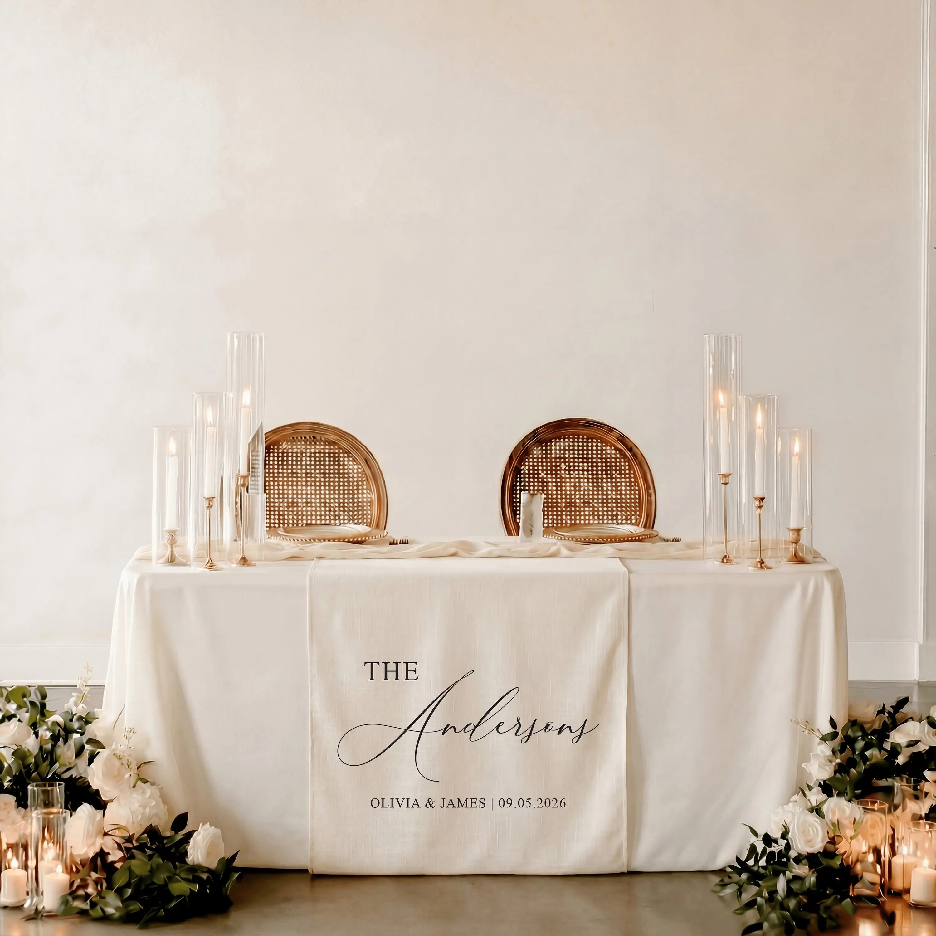 Classic Personalized Linen Wedding Table Runner - Custom Name Banner, Elegant Fabric Sign, Couple Gift, Wedding Decoration, Home Decor