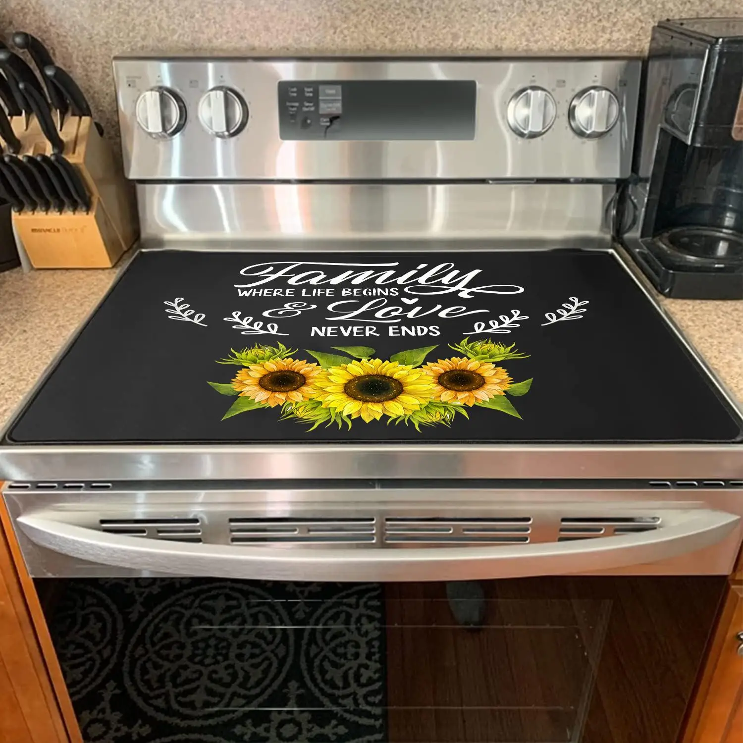 Sunflower & Letter Pattern Stove Top Cover, 1 Count Heat Resistant Stainless Placemat, Decorative Table Mat for Home Kitchen Dining Room