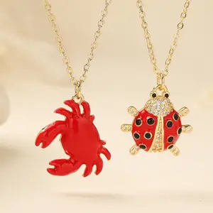 Women's Sports & Outdoor Red Enamel Ladybug-Crab Rhinestones Pendant Necklace, Sparkly Cubic Zirconia Copper Trendy Jewelry, Funky Unique Accessory for Women