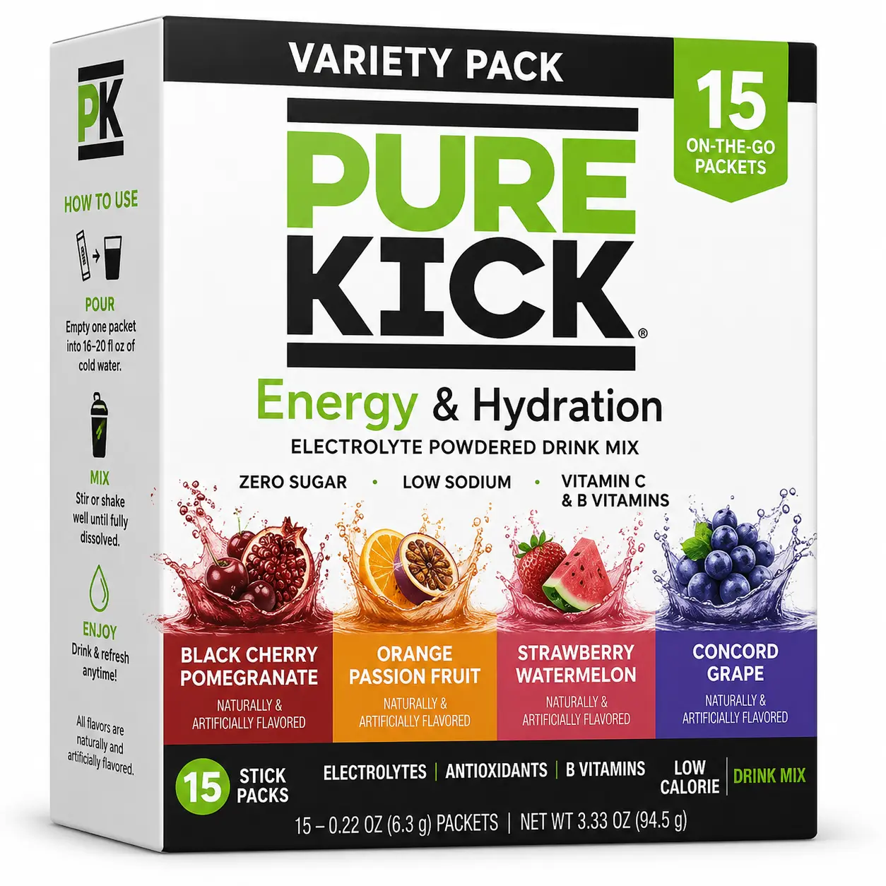 Pure Kick Energy & Hydration Electrolyte Powder Drink Mix Variety Pack, 15 Count Packets – 0 Sugar, Low Sodium