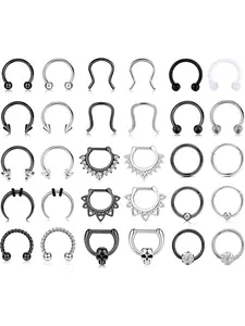 30PCS Black and Silver Septum Rings Surgical Steel 16G for Women Men| Hypoallergenic Horseshoe Septum Piercing| Small Septum Piercing Jewelry Body Jewellery for Cartilage Helix Pierced Ring Daith Conch, 10mm Septum Pincher U-Shaped Nose Ring