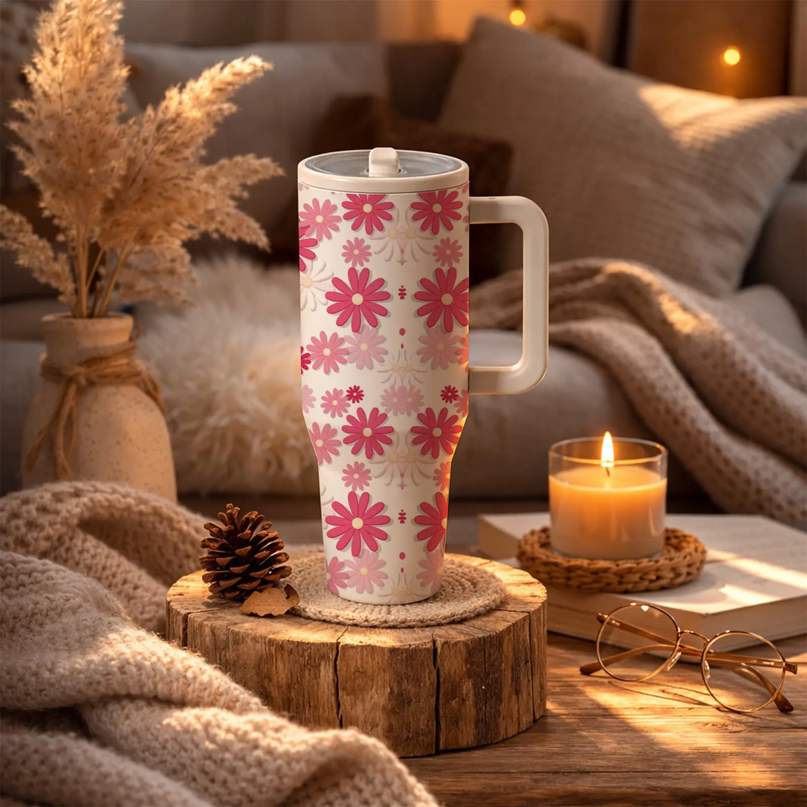 mikenda Pink Daisy Flower 40oz Tumbler with Handle & Straw, Cute Floral Stainless Steel Insulated Cup Flasks for Women, Mother's Day Gift