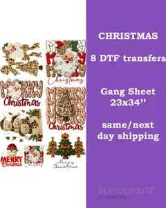 Leopard Christmas DTF Transfers Gang Sheet 8 Designs 23x34" Ready To Press for Cotton Polyester & Blends Same/Next Day Shipping