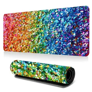 1pc Rainbow Glitter Sparkle Large Gaming Mouse Pad, Colorful Bling Aesthetic Extended Desk Mat,Office Desk Accessories Non-Slip Stitched Edge Computer Mat ,Rubber Base Laptop Keyboard Pad for Home Office & Gamer,Durable and Spill-Resistant,Ideal Gift