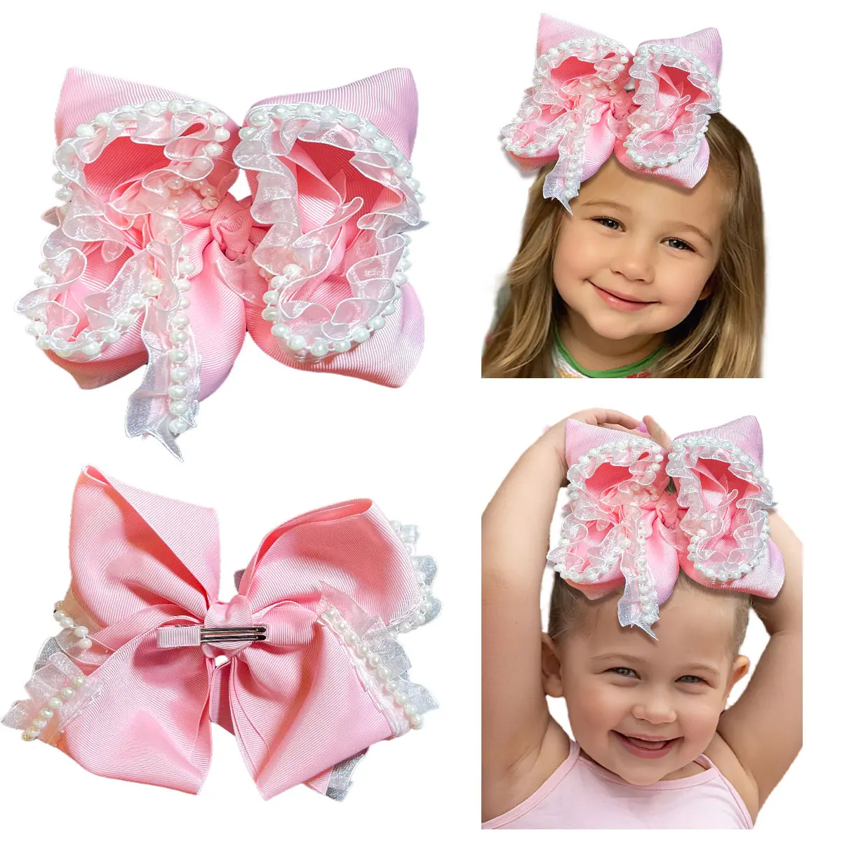 JoyBowie New Year clearance sale: 8-inch double-layer pink bow with pearl strands and alligator clip, perfect for baby girls' silk hair accessories. headbands