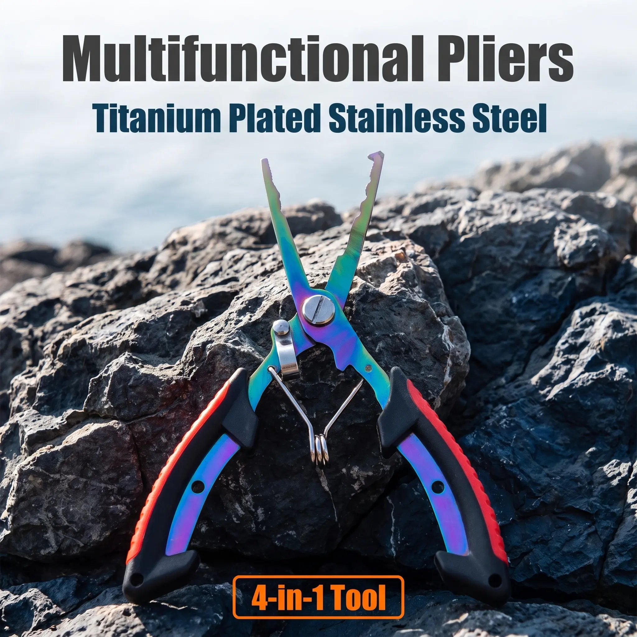 Color Titanium Coated Stainless Steel Multifunctional Fishing Pliers Saltwater Freshwater Hook Remover Line Cutter Split Ring Opener Lure Fishing Tool With Safety Lock Anti Slip Grip