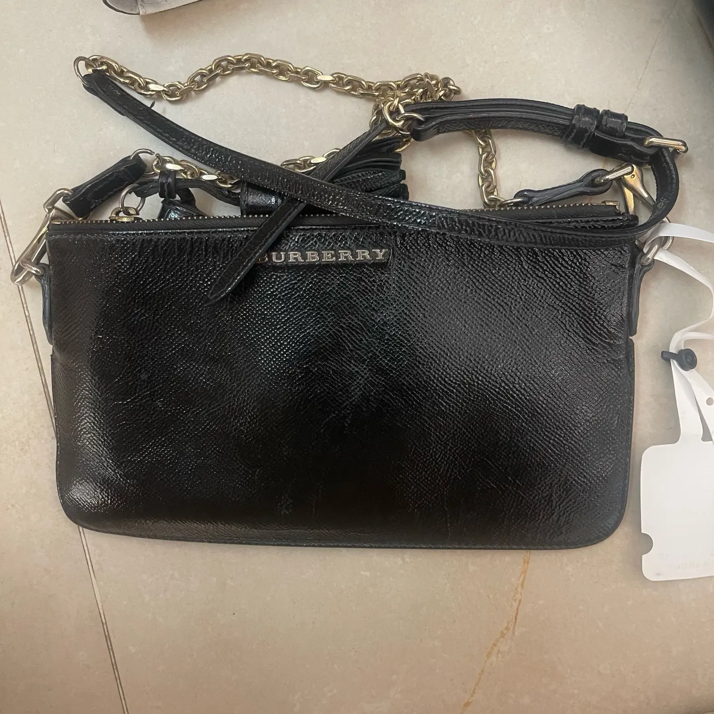Pre-owned BURBERRY Used Black Textured Leather Chain Crossbody Pouch Bag