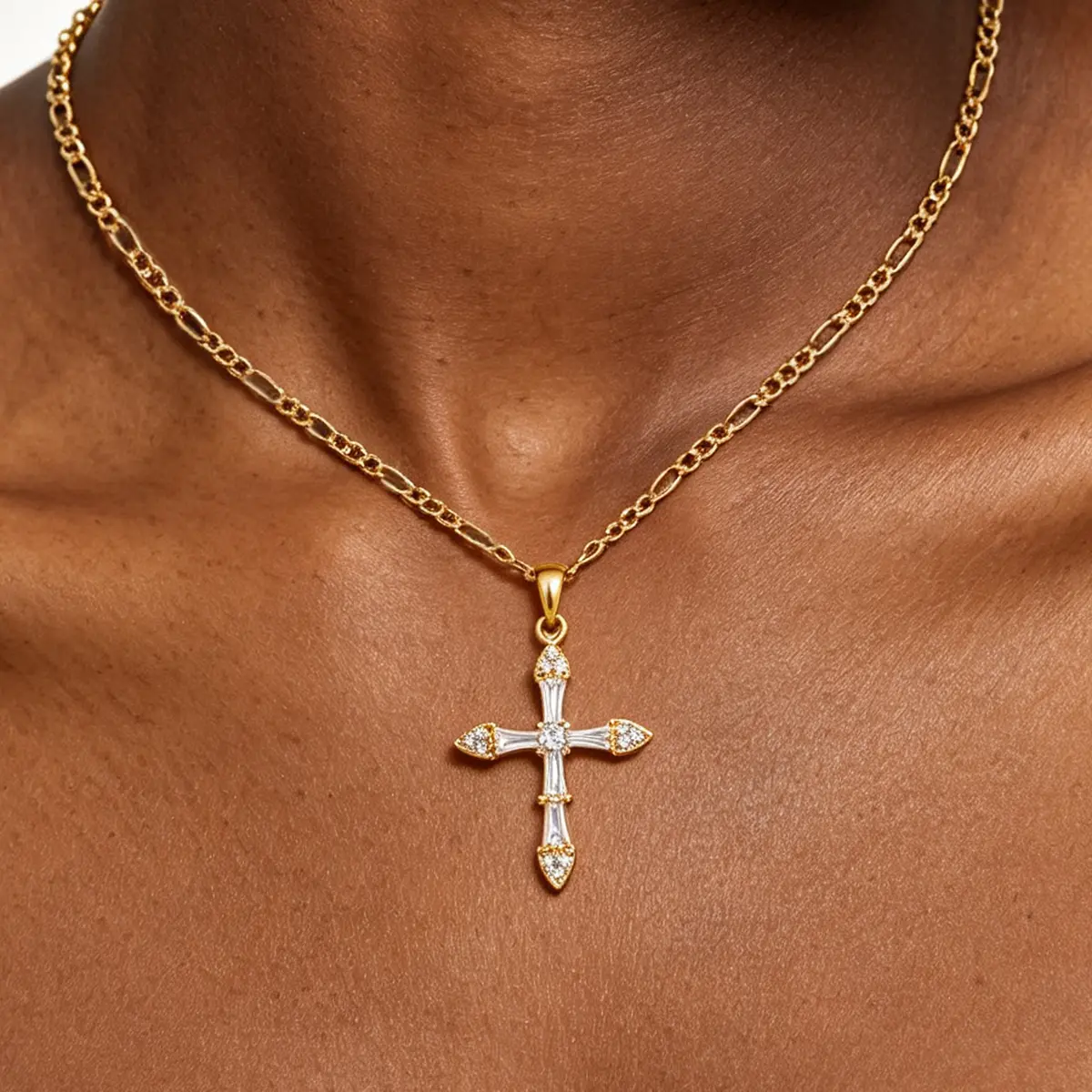 14K Gold Plated Ornate Cross Necklace for Women, Dainty Vintage Cross Pendant with Baguette & Round Cubic Zirconia, Figaro Chain Christian Religious Faith Jewelry Gifts for Baptism Confirmation Birthday