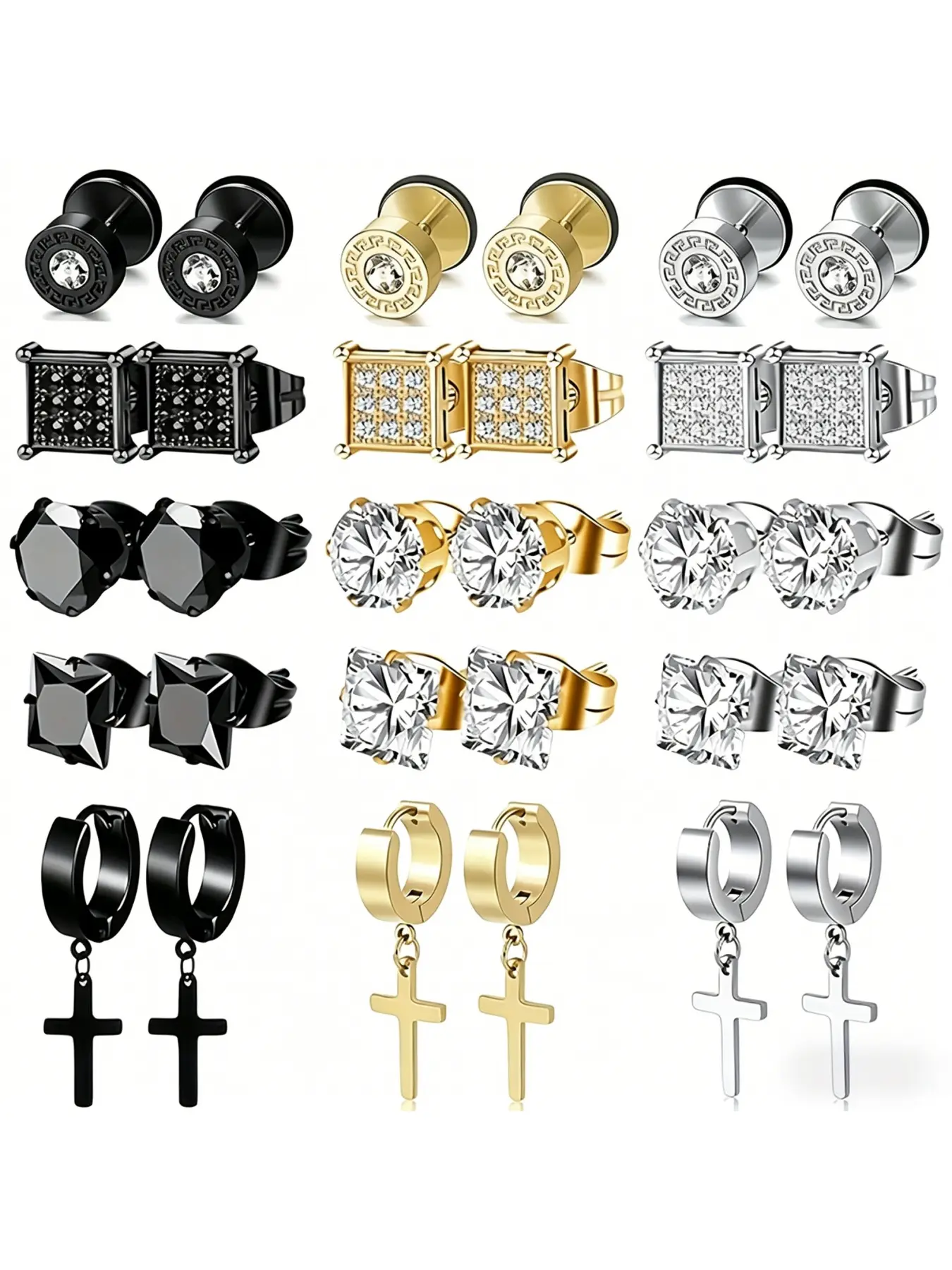 Men's Stud Earring Set, 6 Pairs Stainless Steel Shining Earrings with CZ, Cross, Square & Geometric Designs, Black, Gold & Silver Tone Punk Jewelry, Men Accessories, Stud Earring Pack