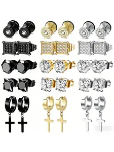 Men's Stud Earring Set, 6 Pairs Stainless Steel Shining Earrings with CZ, Cross, Square & Geometric Designs, Black, Gold & Silver Tone Punk Jewelry, Men Accessories, Earring Studs