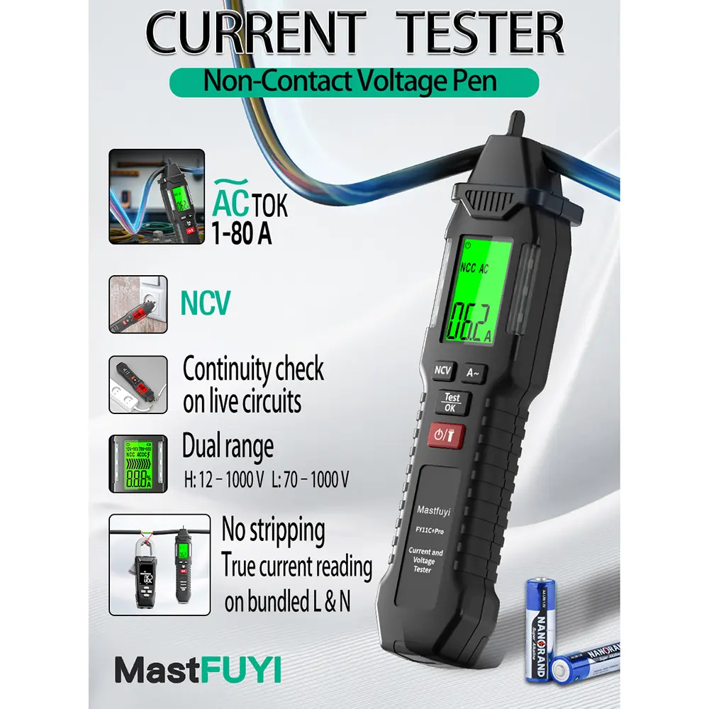 Mastfuyi 2-in-1 AC Current Voltage Digital Tester - Circuit Detector Tool, No Wire Stripping, 1A-80A Whole Cable Measurement, 12V-1kV Dual-Sensitivity Non-Contact Check, Continuity Test, Live Wire Identifier, Auto 10min Shutoff for Electricians